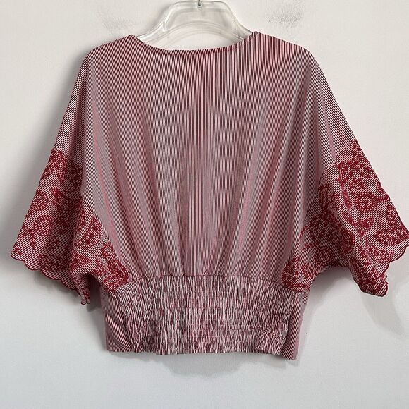 Zara Top M Surplice Crop Smocked Red Stripe Embroidered Half Sleeve Popover Boho - Picture 9 of 10